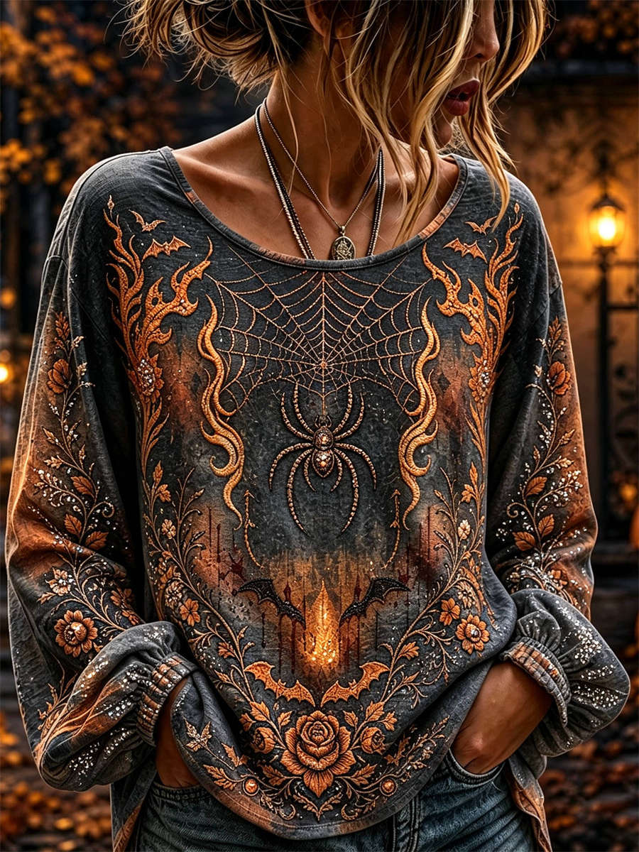 Isla | Halloween-inspirierte dunkelgraue Spinnennetz-Blumendruck-Langarmbluse mit Rundhalsausschnitt