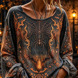 Isla | Halloween-inspirierte dunkelgraue Spinnennetz-Blumendruck-Langarmbluse mit Rundhalsausschnitt