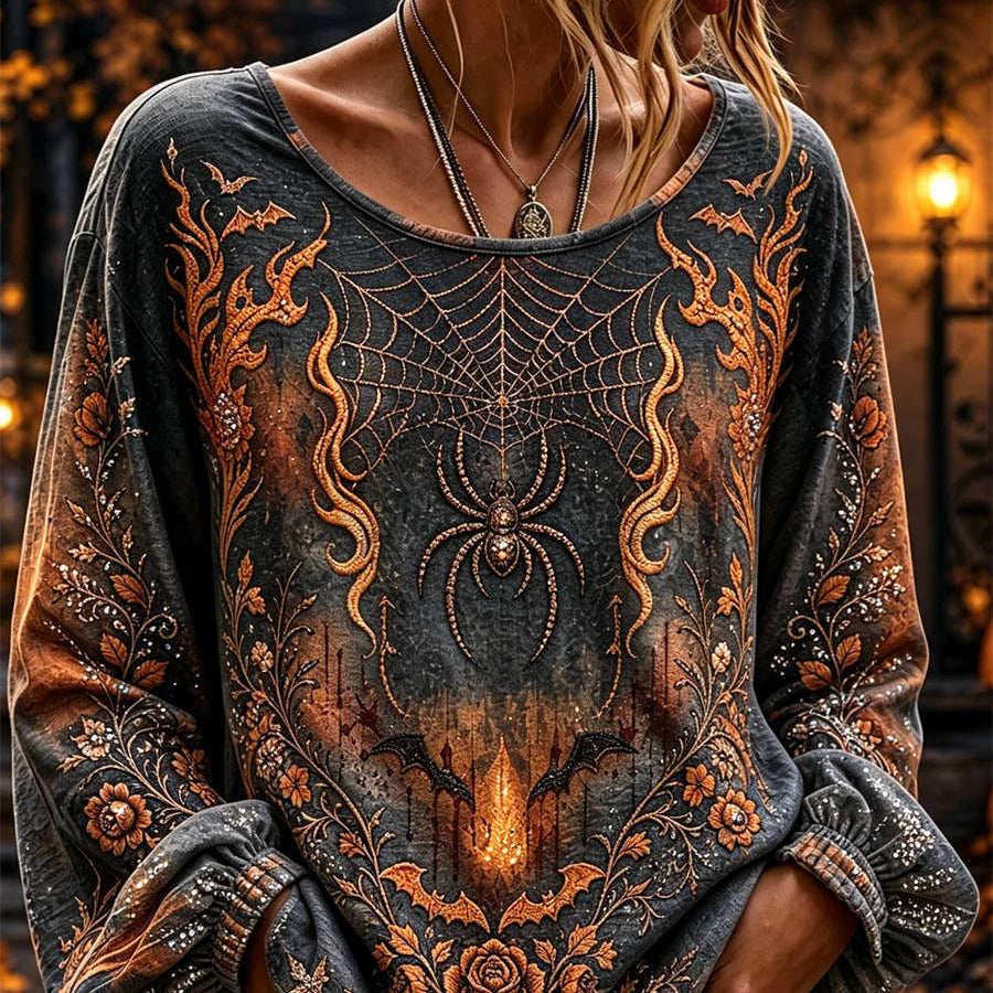 Isla | Halloween-inspirierte dunkelgraue Spinnennetz-Blumendruck-Langarmbluse mit Rundhalsausschnitt