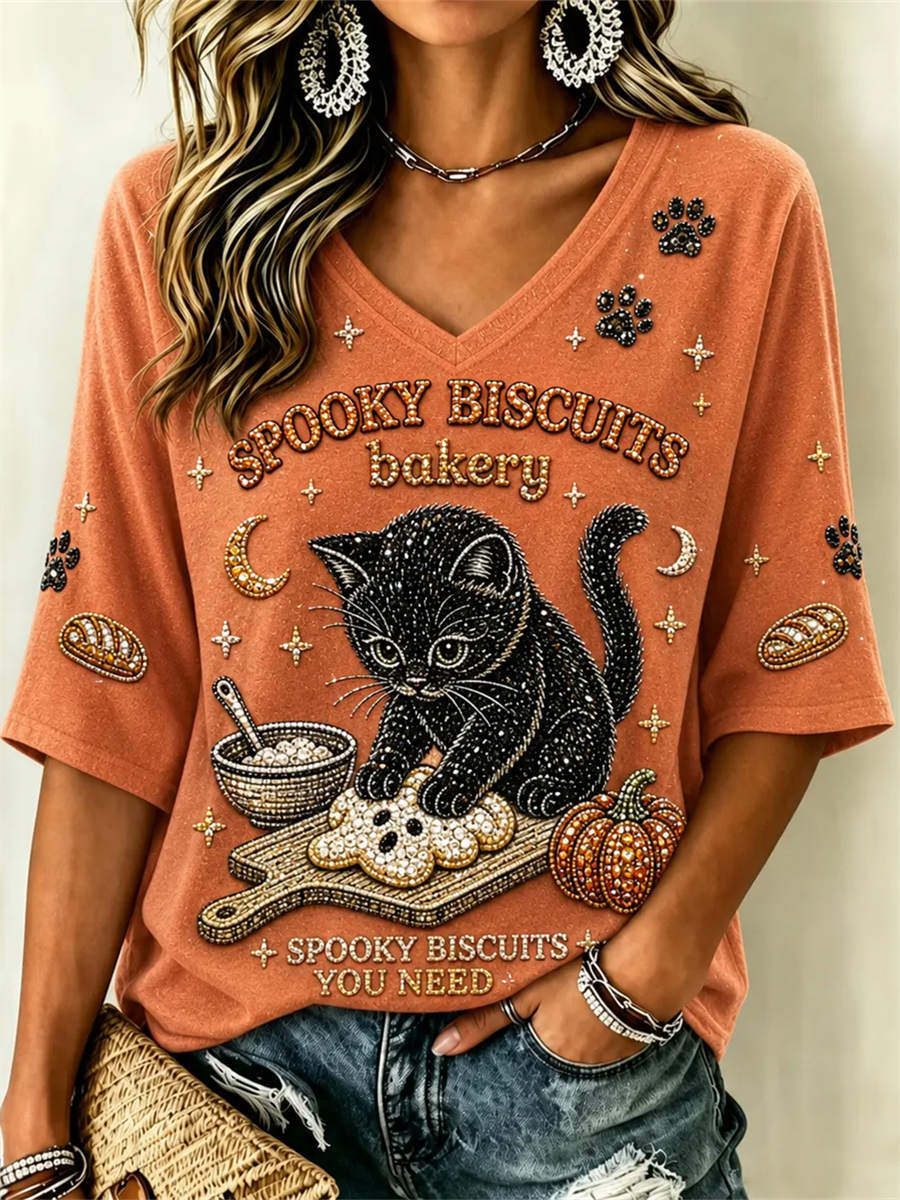 Seraphina | Halloween-inspirierte orange-schwarze Katzen-Kürbis-Bluse mit V-Ausschnitt und Dreiviertelärmeln