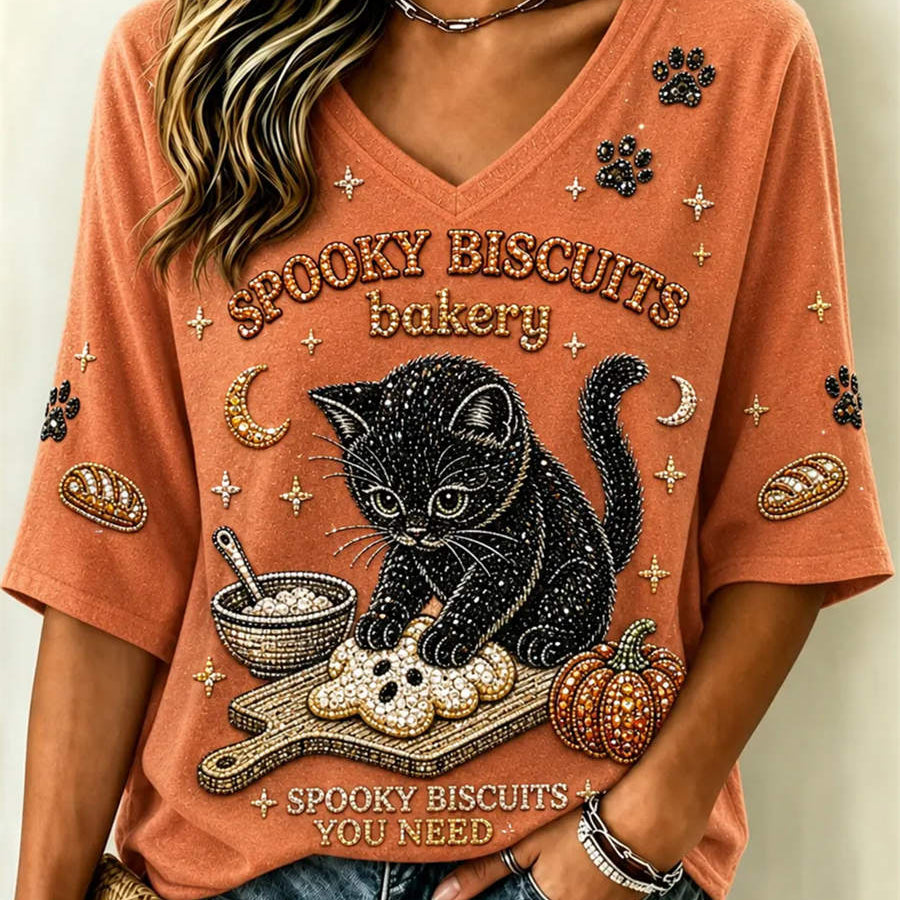 Seraphina | Halloween-inspirierte orange-schwarze Katzen-Kürbis-Bluse mit V-Ausschnitt und Dreiviertelärmeln