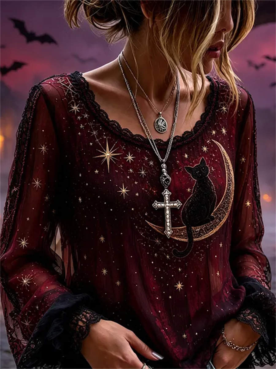 Eleonora | Von Halloween inspirierte, bordeauxrote, schwarze, langärmlige Bluse mit Katzenmond-Print und Rundhalsausschnitt
