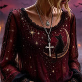 Eleonora | Von Halloween inspirierte, bordeauxrote, schwarze, langärmlige Bluse mit Katzenmond-Print und Rundhalsausschnitt