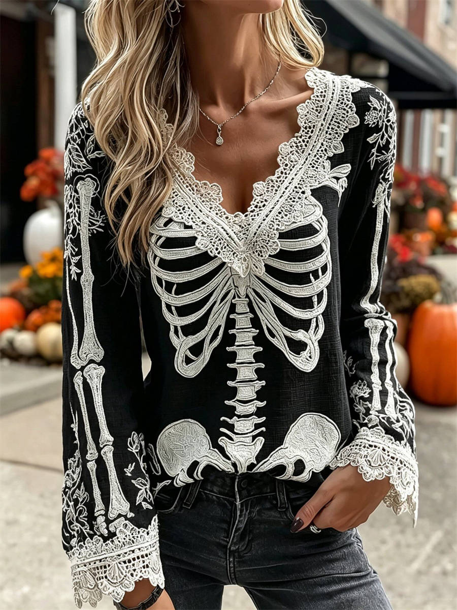 Lucy | Halloween-inspirierte schwarze Skelett-Langarmbluse aus Spitze mit V-Ausschnitt