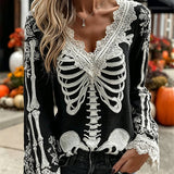 Lucy | Halloween-inspirierte schwarze Skelett-Langarmbluse aus Spitze mit V-Ausschnitt