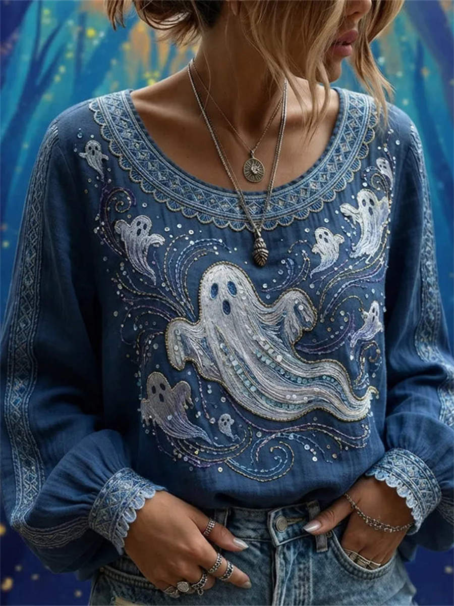 Georgia | Von Halloween inspirierte, langärmlige Bluse mit blauem Geister-Print und Rundhalsausschnitt