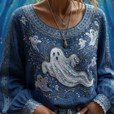 Georgia | Von Halloween inspirierte, langärmlige Bluse mit blauem Geister-Print und Rundhalsausschnitt