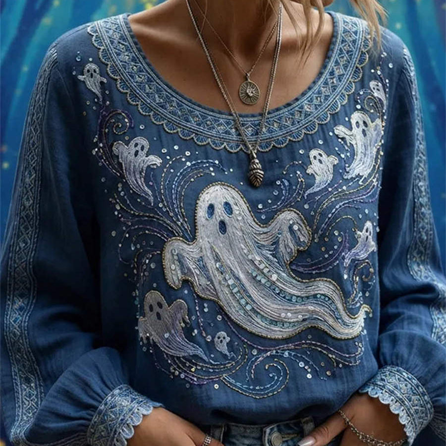Georgia | Von Halloween inspirierte, langärmlige Bluse mit blauem Geister-Print und Rundhalsausschnitt