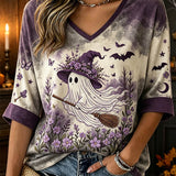 Alessandra | Halloween-inspirierte lila Geisterhexe-Bluse mit Blumendruck und V-Ausschnitt und Dreiviertelärmeln