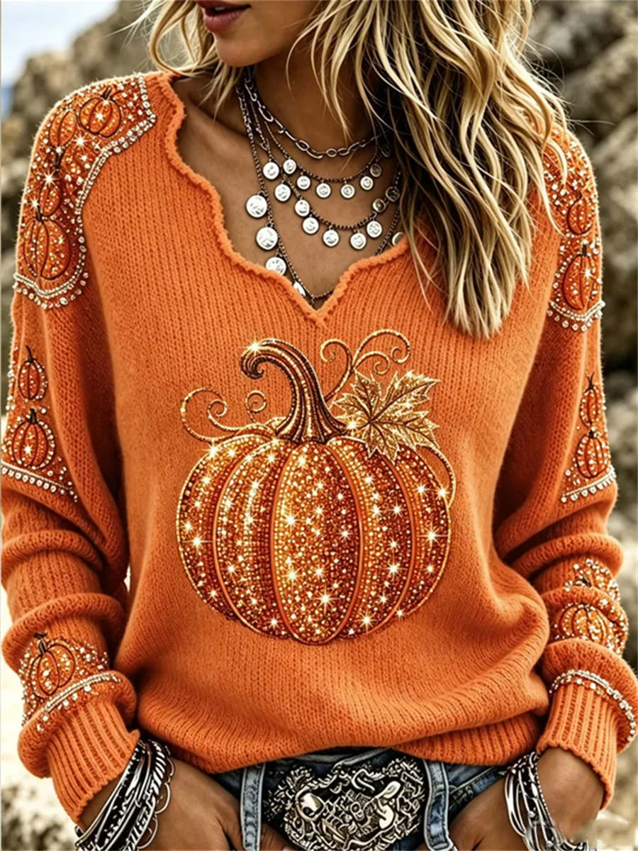 Jade | Von Halloween inspirierter orangefarbener Kürbis-Ahornblatt-Print mit V-Ausschnitt und langen Ärmeln