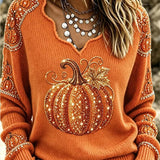 Jade | Von Halloween inspirierter orangefarbener Kürbis-Ahornblatt-Print mit V-Ausschnitt und langen Ärmeln