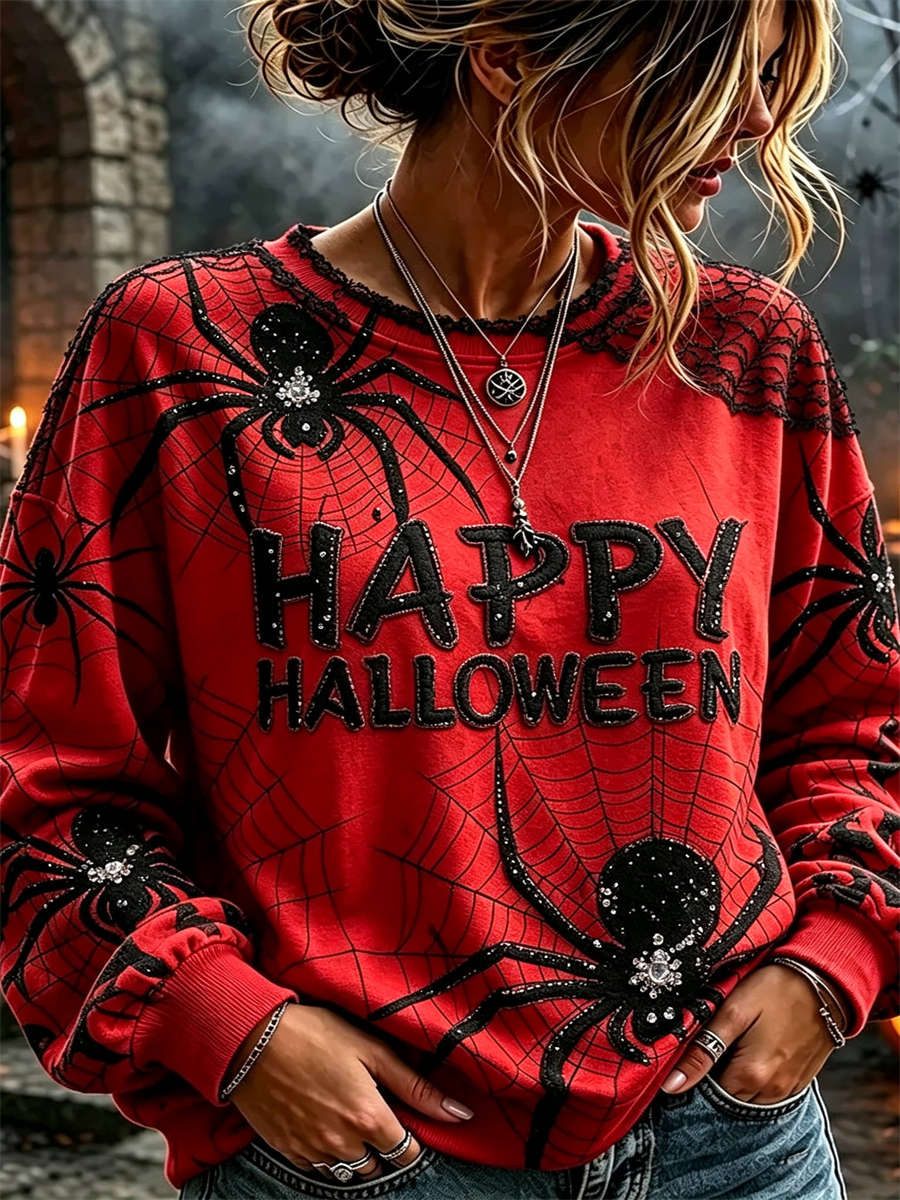Liliana | Von Halloween inspiriertes rotes Spinnennetz-Langarm-Sweatshirt mit Buchstaben-Spitzen-Print und Rundhalsausschnitt