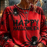 Liliana | Von Halloween inspiriertes rotes Spinnennetz-Langarm-Sweatshirt mit Buchstaben-Spitzen-Print und Rundhalsausschnitt