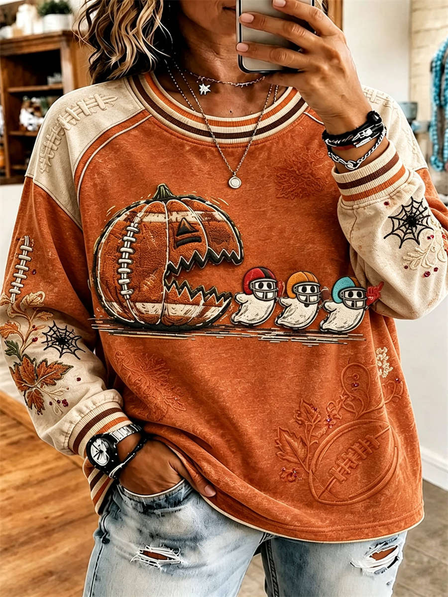 Leonor | Halloween-inspiriertes, langärmliges Rundhals-Sweatshirt mit orange-beigem Kürbis-Geister-Fußball-Print