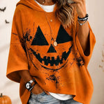 Aria | Halloween-inspirierter orangefarbener Kürbisgesichts-Hoodie mit Dreiviertelärmeln