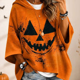 Aria | Halloween-inspirierter orangefarbener Kürbisgesichts-Hoodie mit Dreiviertelärmeln
