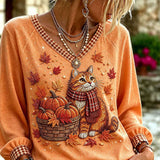 Bianca | Halloween-inspiriertes, langärmliges Top mit V-Ausschnitt und orangefarbener Katze, Kürbis-Ahornblatt-Print