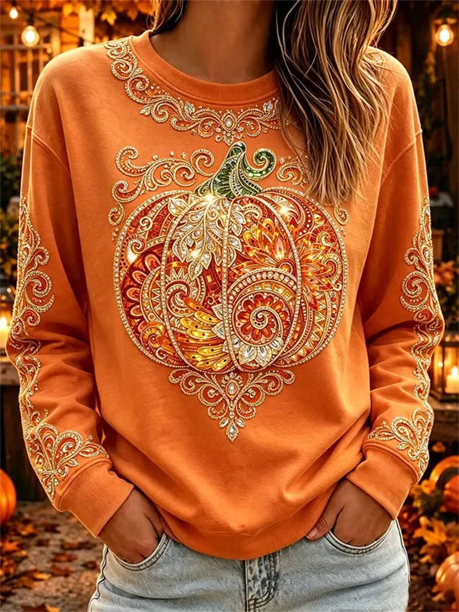 Zoe | Von Halloween inspiriertes orangefarbenes, verziertes Kürbis-Print-Langarmoberteil mit Rundhalsausschnitt