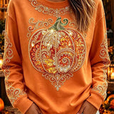 Zoe | Von Halloween inspiriertes orangefarbenes, verziertes Kürbis-Print-Langarmoberteil mit Rundhalsausschnitt