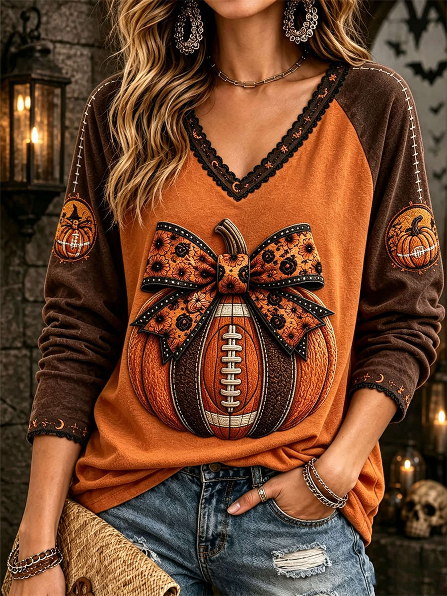 Octavia | Halloween-inspiriertes, orange-braunes, langärmliges Oberteil mit Kürbisschleifen-Print und V-Ausschnitt