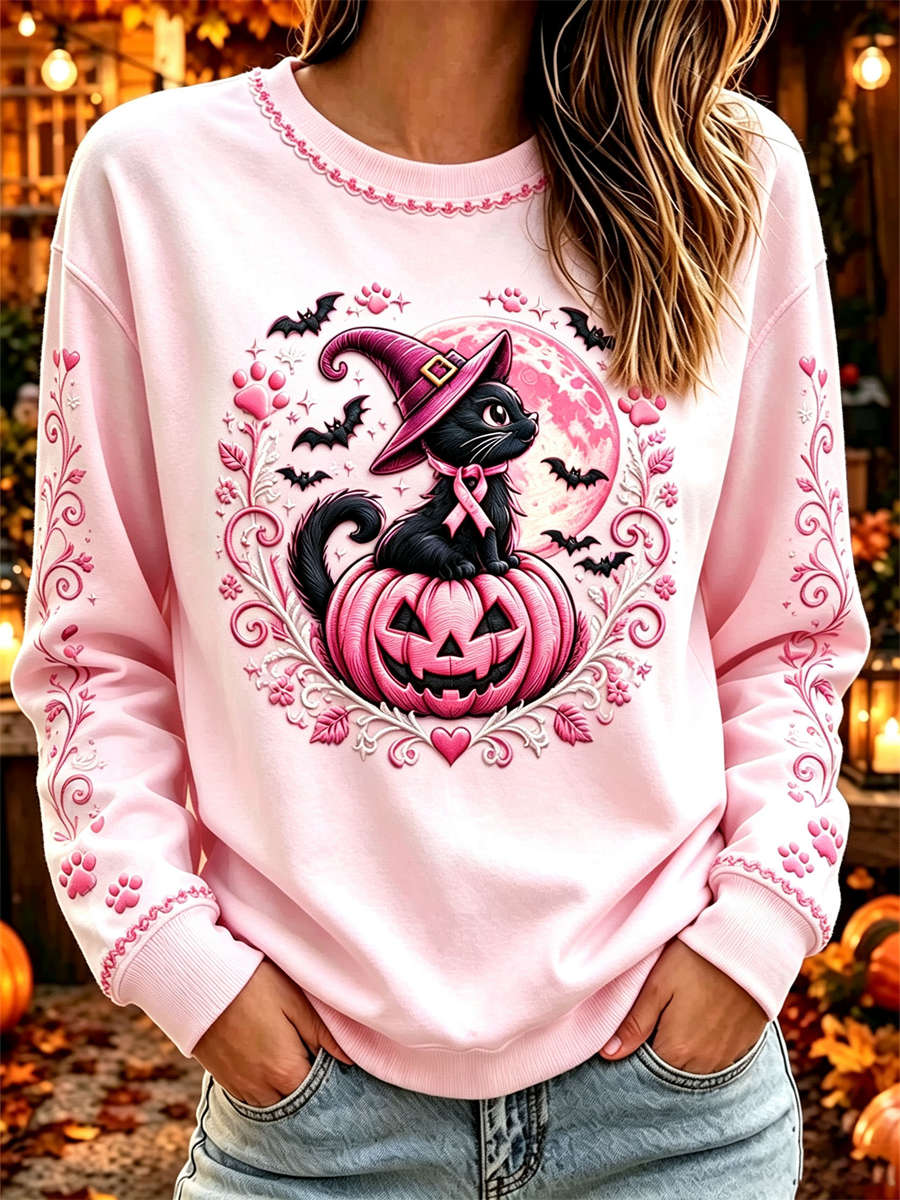 Gabriella | Halloween-inspiriertes, langärmliges Rundhals-Sweatshirt mit rosa-schwarzer Katze und Kürbis-Aufdruck