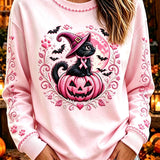 Gabriella | Halloween-inspiriertes, langärmliges Rundhals-Sweatshirt mit rosa-schwarzer Katze und Kürbis-Aufdruck