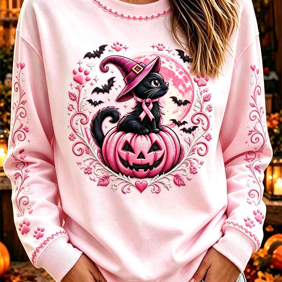 Gabriella | Halloween-inspiriertes, langärmliges Rundhals-Sweatshirt mit rosa-schwarzer Katze und Kürbis-Aufdruck