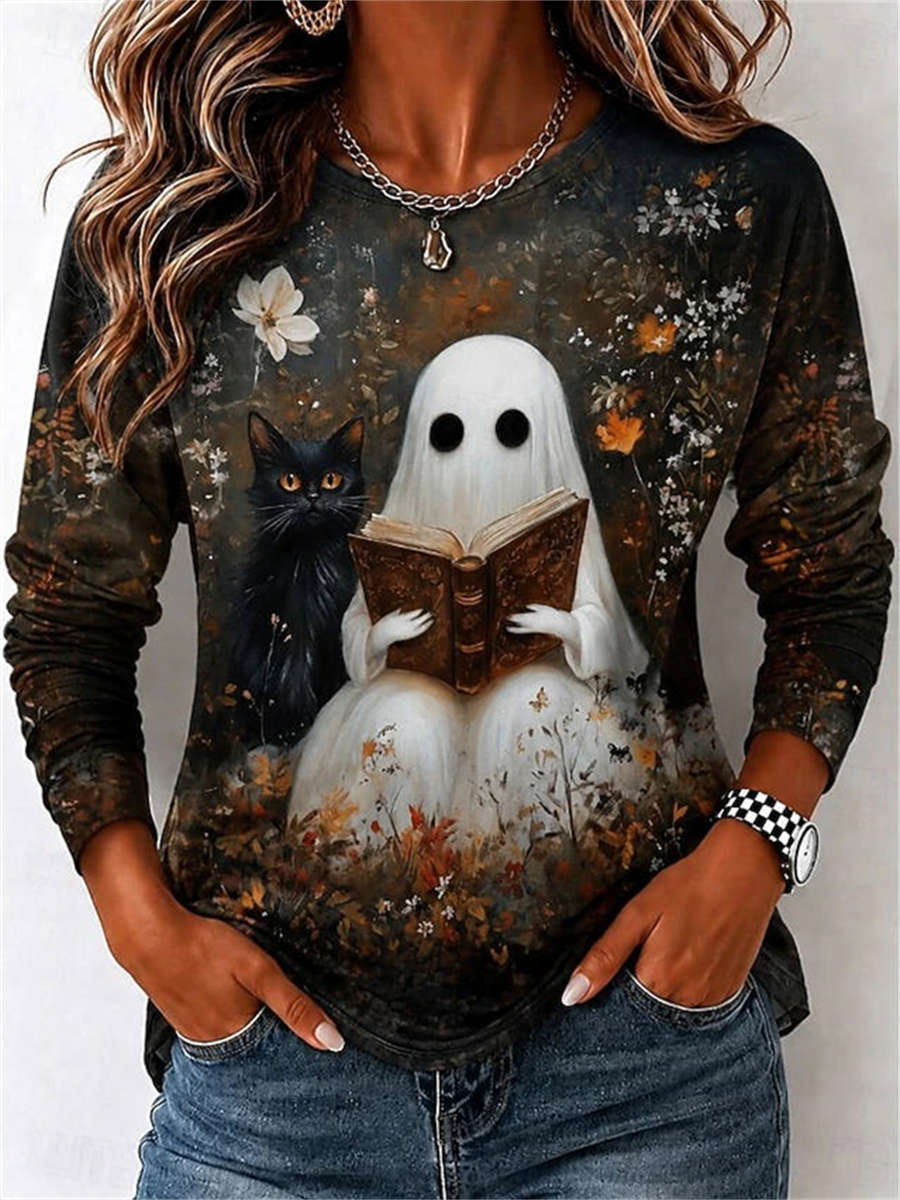 Eden | Halloween-inspiriertes, langärmliges Oberteil mit Rundhalsausschnitt und mehrfarbigem Geister-Motiv mit schwarzer Katze und Blumenmuster