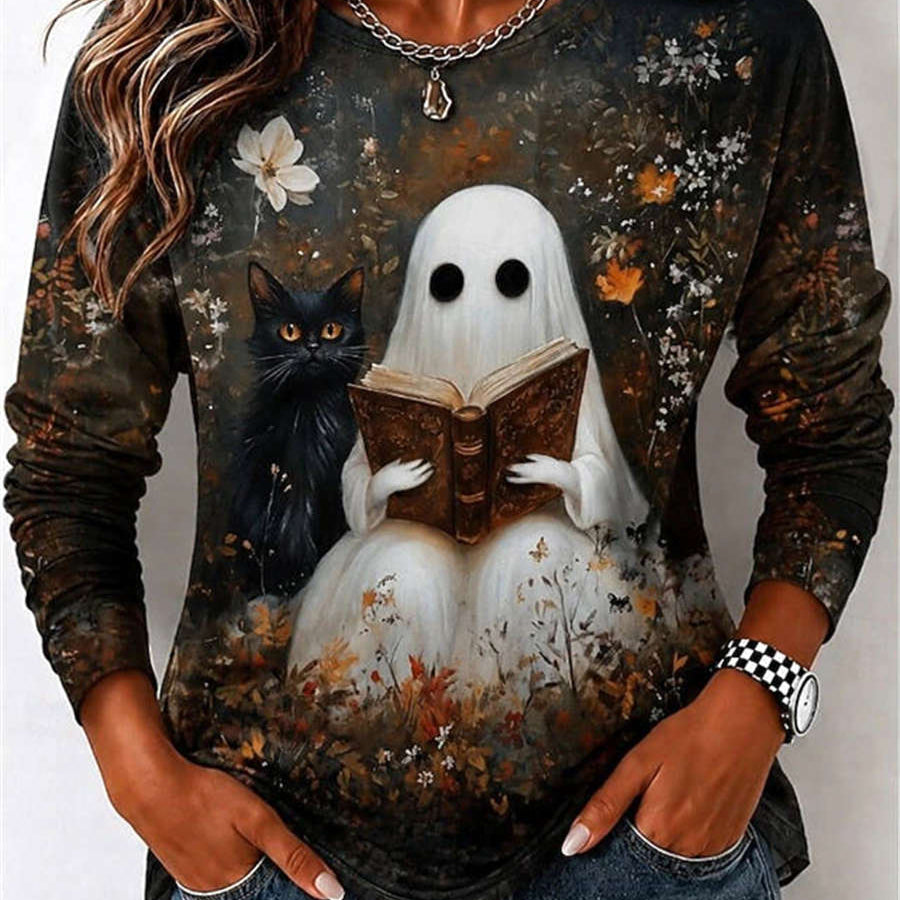 Eden | Halloween-inspiriertes, langärmliges Oberteil mit Rundhalsausschnitt und mehrfarbigem Geister-Motiv mit schwarzer Katze und Blumenmuster
