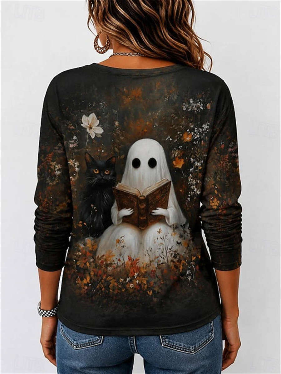 Eden | Halloween-inspiriertes, langärmliges Oberteil mit Rundhalsausschnitt und mehrfarbigem Geister-Motiv mit schwarzer Katze und Blumenmuster