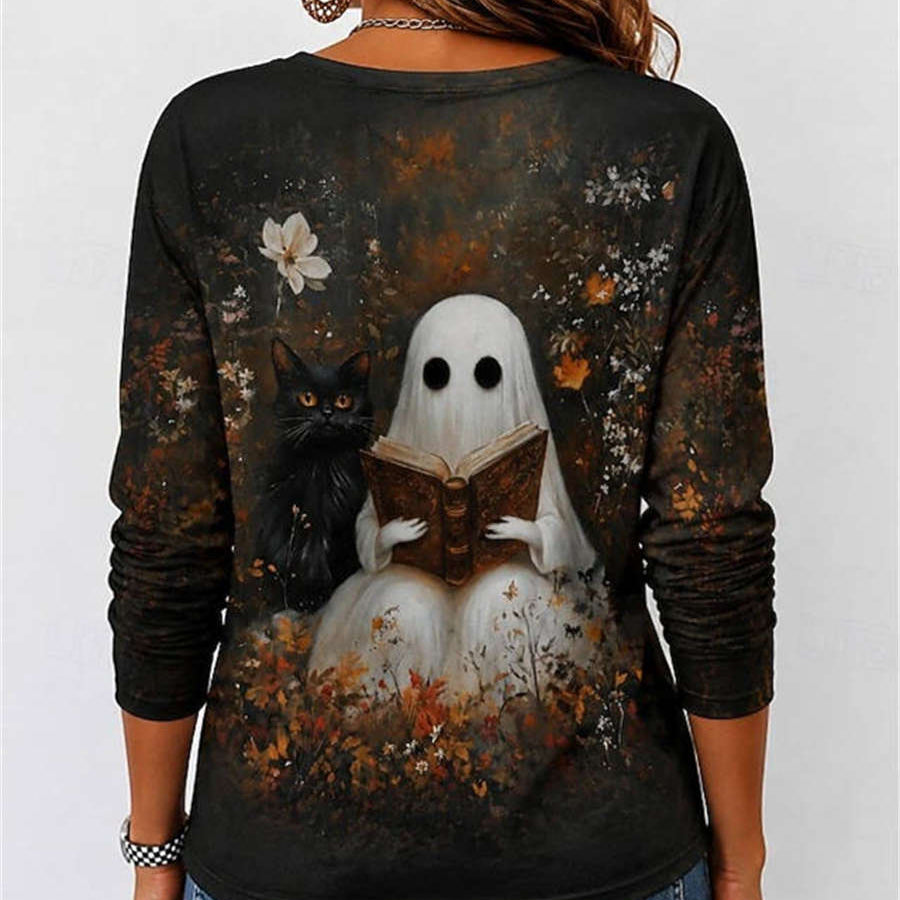 Eden | Halloween-inspiriertes, langärmliges Oberteil mit Rundhalsausschnitt und mehrfarbigem Geister-Motiv mit schwarzer Katze und Blumenmuster