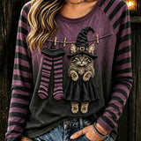 Juniper | Von Halloween inspiriertes, lila-schwarz gestreiftes Langarmshirt mit Hexenkatzen-Print und rundem Ausschnitt