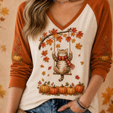 Elena | Halloween Orange Weiße Katze Kürbis Langarmshirt mit V-Ausschnitt