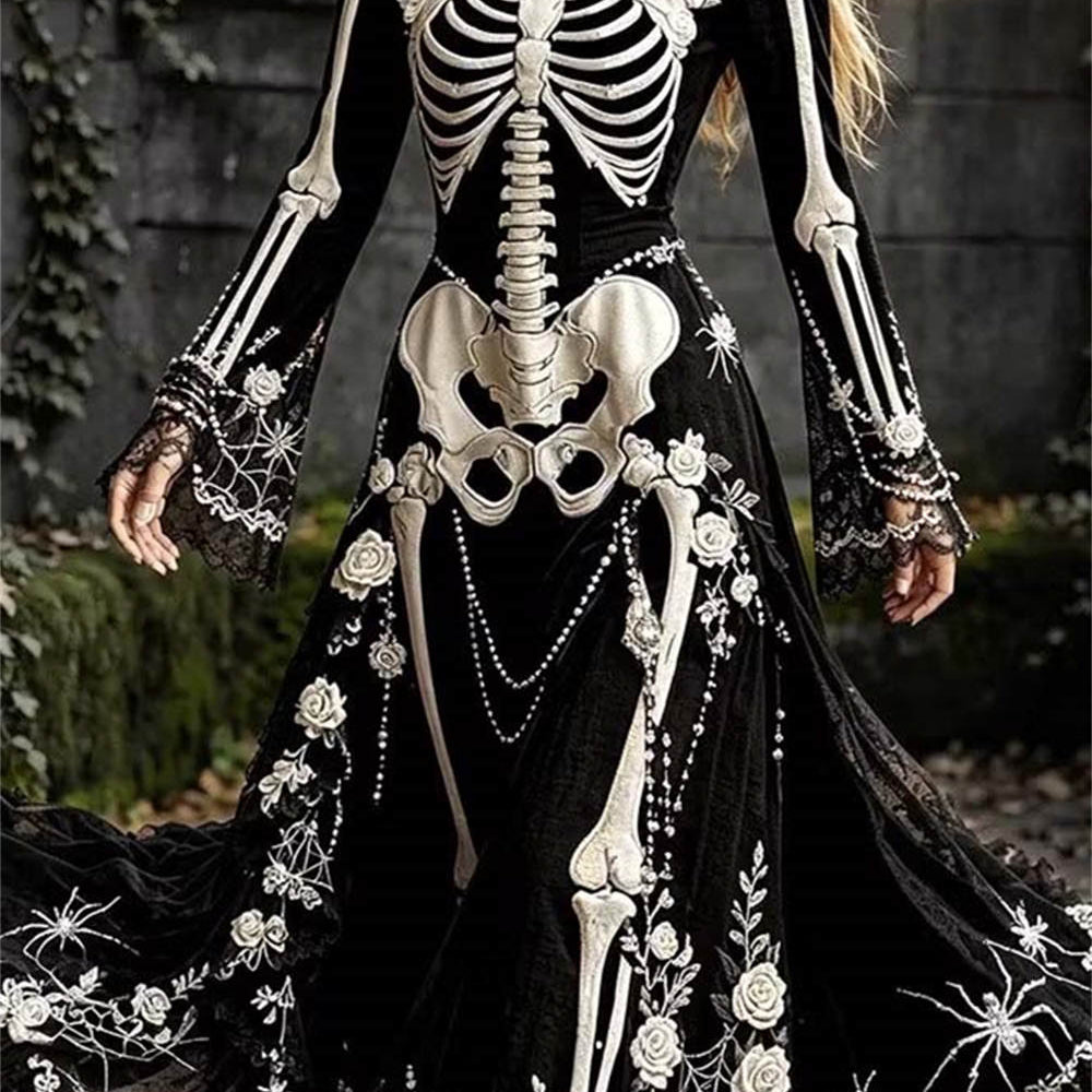 Violet | Von Halloween inspiriertes, schwarzes, langärmliges Maxikleid mit Skelett-Blumenmuster und eckigem Ausschnitt