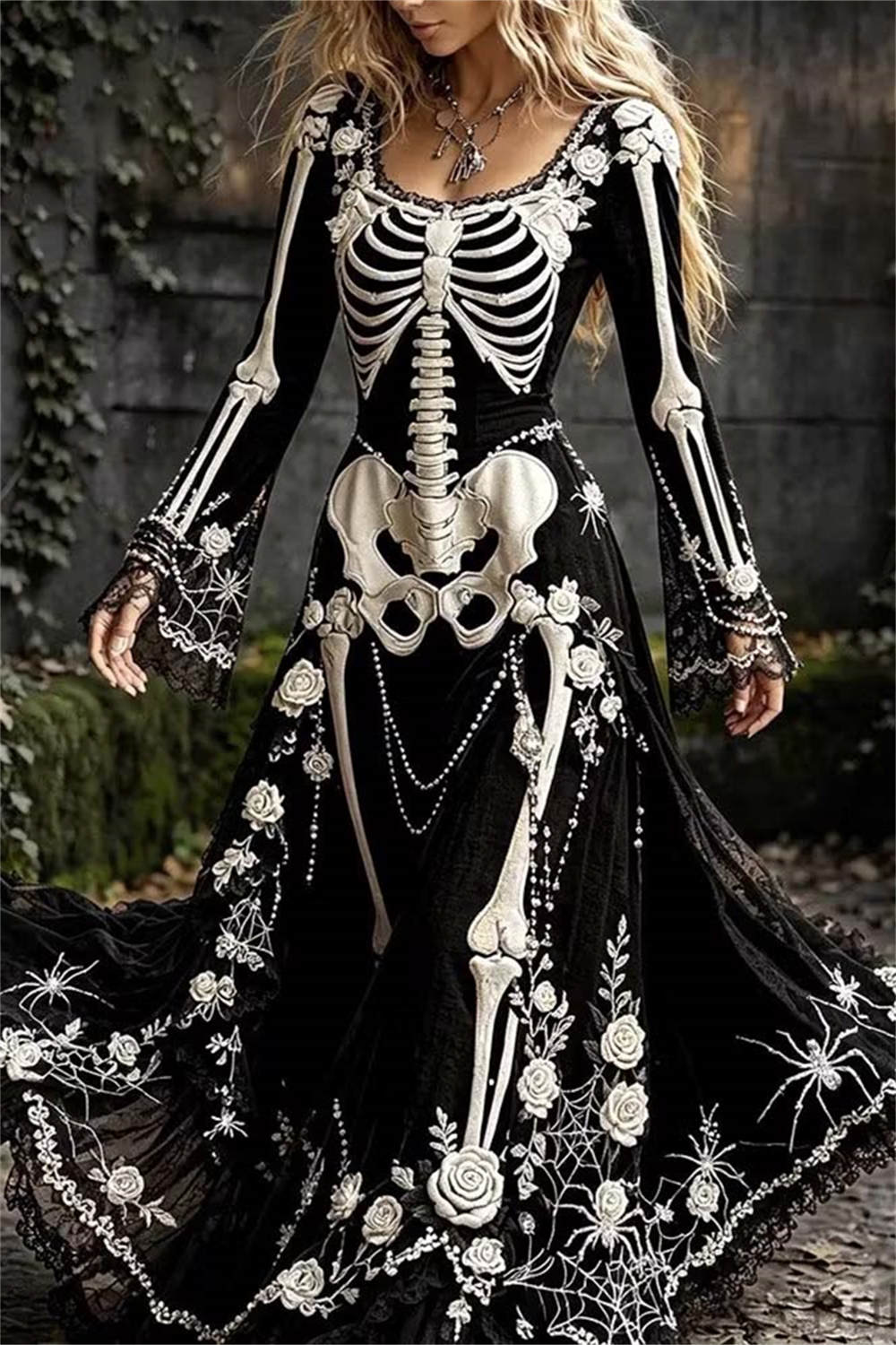 Violet | Von Halloween inspiriertes, schwarzes, langärmliges Maxikleid mit Skelett-Blumenmuster und eckigem Ausschnitt