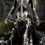 Violet | Von Halloween inspiriertes, schwarzes, langärmliges Maxikleid mit Skelett-Blumenmuster und eckigem Ausschnitt