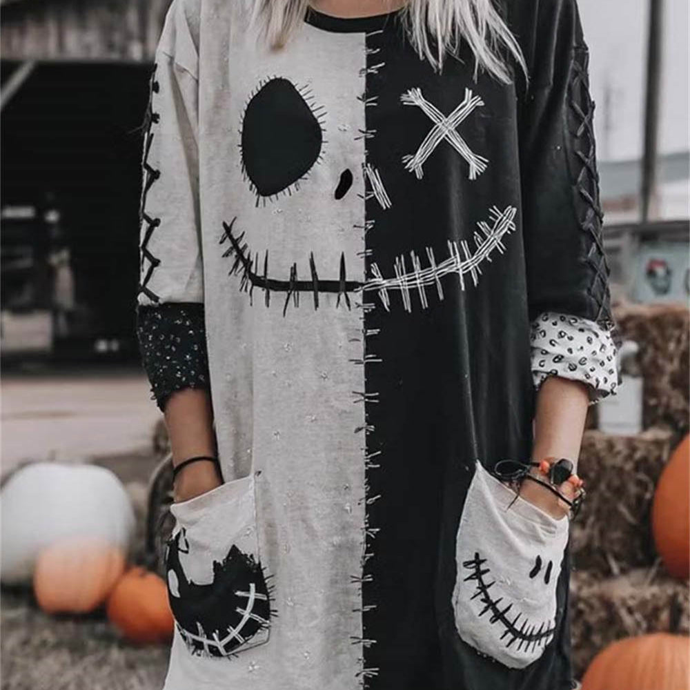Ines | Halloween-inspiriertes Minikleid mit mehreren gruseligen Gesichtern und Rundhalsausschnitt und langen Ärmeln