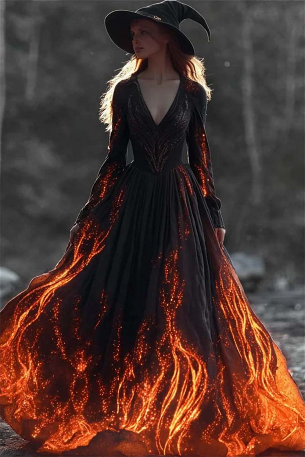 Margaret | Halloween-inspiriertes, langärmliges Maxikleid mit schwarzem Flammenmuster und V-Ausschnitt