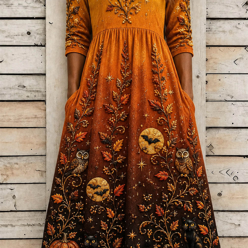 Phoebe | Halloween-inspiriertes, mehrfarbiges Kürbis-Katzen-Eulen-Midikleid mit Rundhalsausschnitt und dreiviertellangen Ärmeln