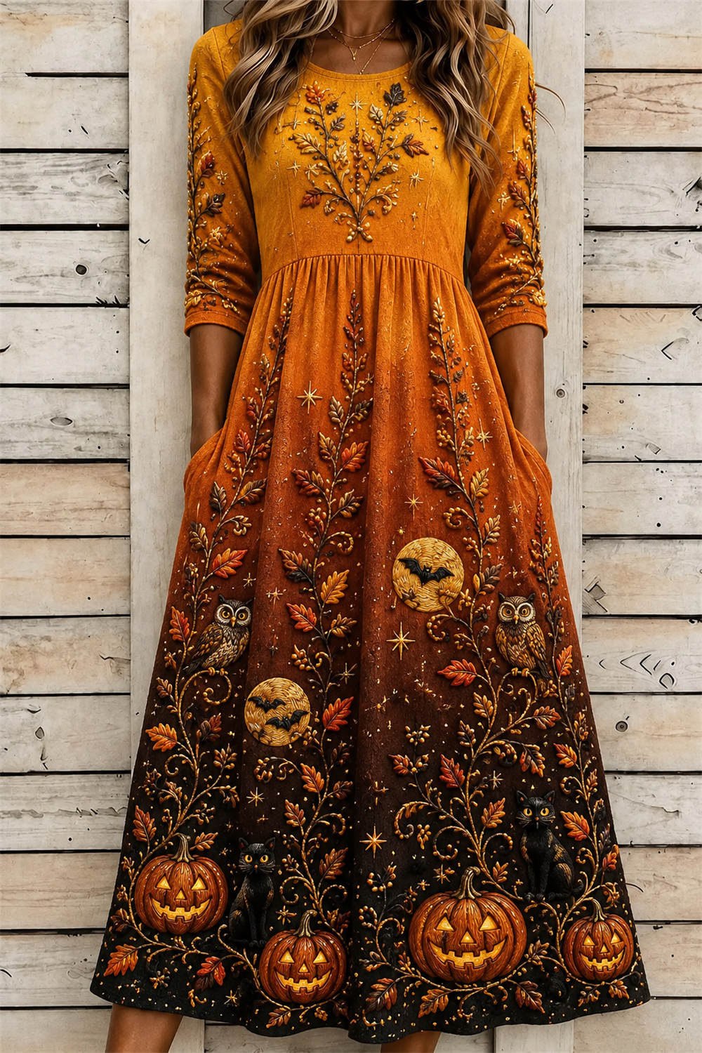 Phoebe | Halloween-inspiriertes, mehrfarbiges Kürbis-Katzen-Eulen-Midikleid mit Rundhalsausschnitt und dreiviertellangen Ärmeln