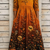 Phoebe | Halloween-inspiriertes, mehrfarbiges Kürbis-Katzen-Eulen-Midikleid mit Rundhalsausschnitt und dreiviertellangen Ärmeln