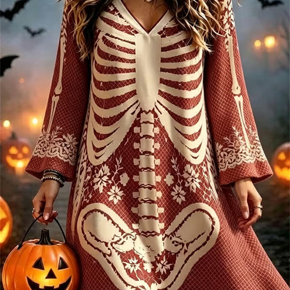 Florence | Halloween-inspiriertes, langärmliges Minikleid mit mehrfarbigem Skelett-Print und V-Ausschnitt