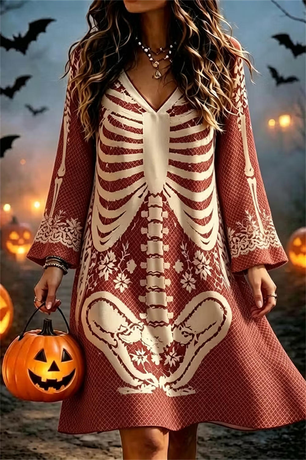 Florence | Halloween-inspiriertes, langärmliges Minikleid mit mehrfarbigem Skelett-Print und V-Ausschnitt