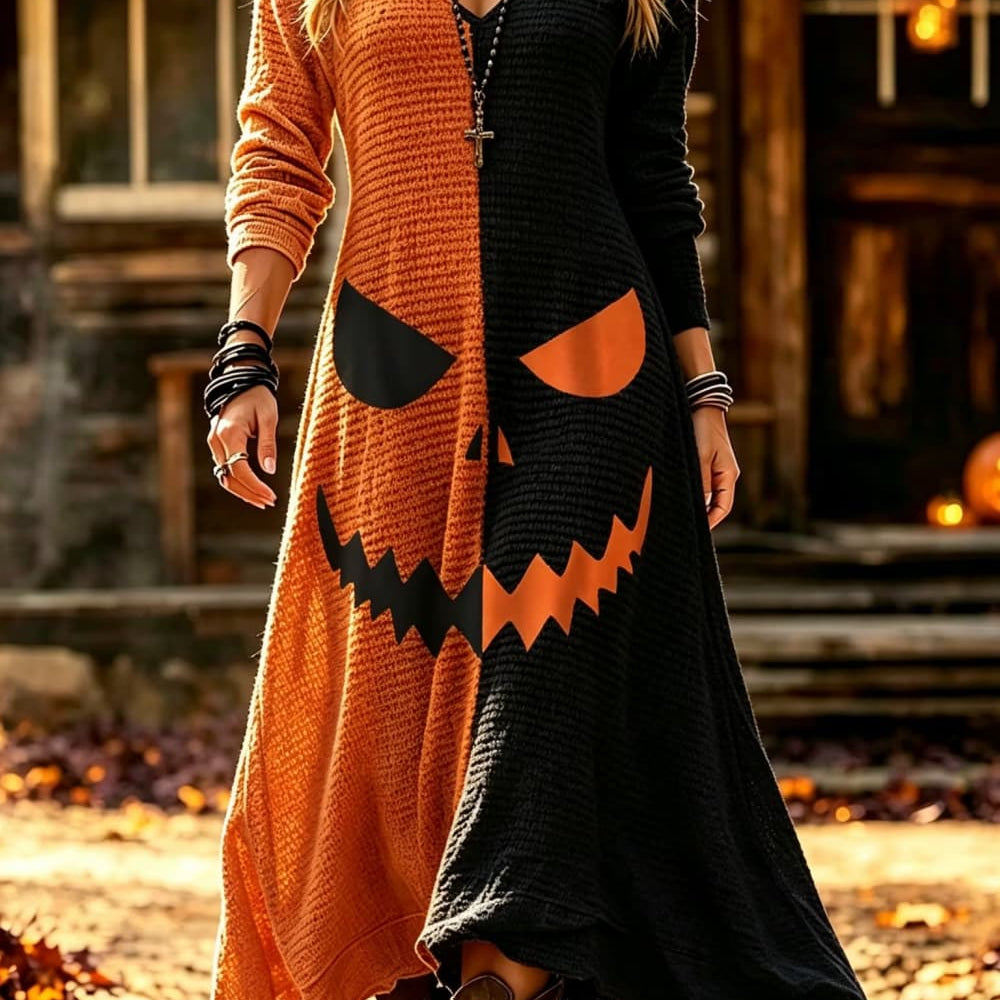 Iris | Halloween-inspiriertes, orange-schwarzes Kürbisgesicht-Maxikleid mit V-Ausschnitt und langen Ärmeln