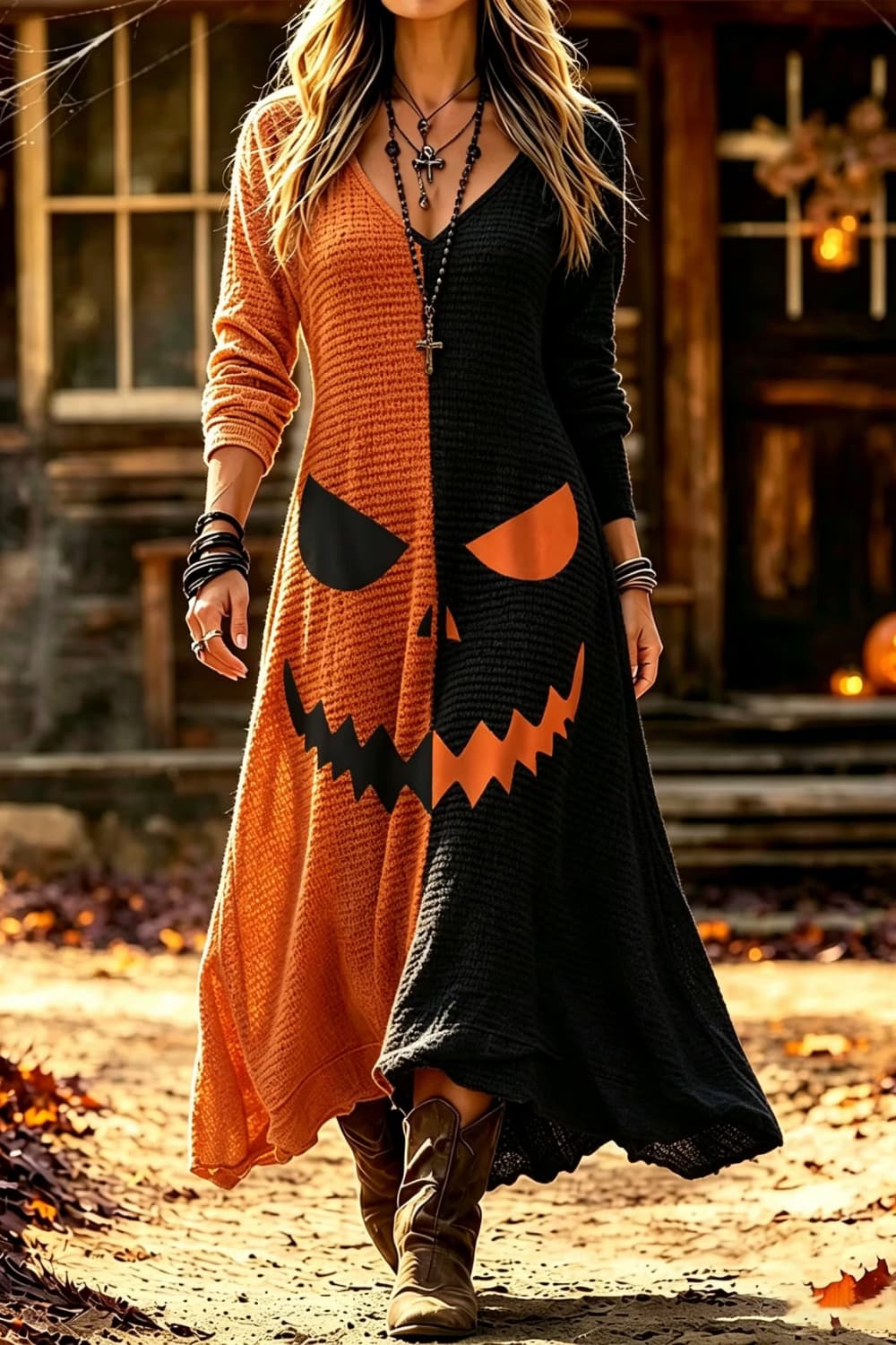 Iris | Halloween-inspiriertes, orange-schwarzes Kürbisgesicht-Maxikleid mit V-Ausschnitt und langen Ärmeln
