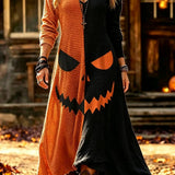 Iris | Halloween-inspiriertes, orange-schwarzes Kürbisgesicht-Maxikleid mit V-Ausschnitt und langen Ärmeln
