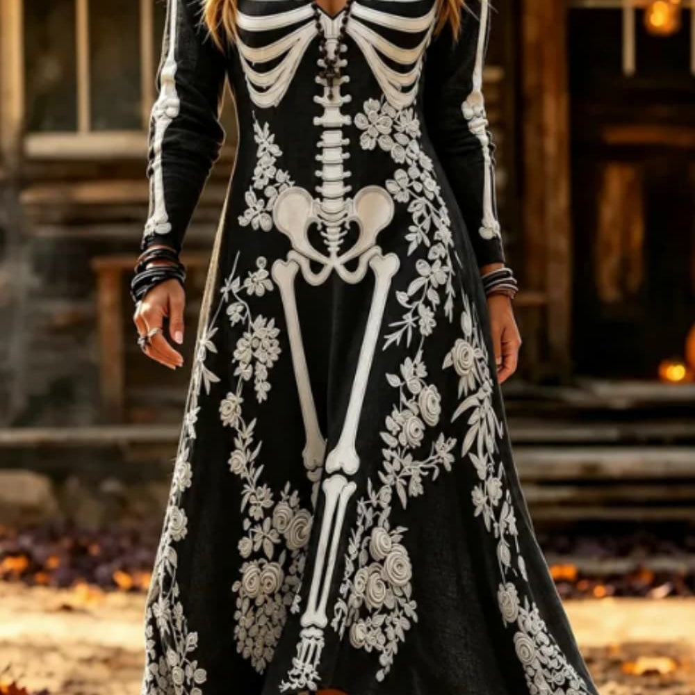 Adelaide | Halloween-inspiriertes schwarz-weißes Skelett-Blumen-Midikleid mit V-Ausschnitt und langen Ärmeln