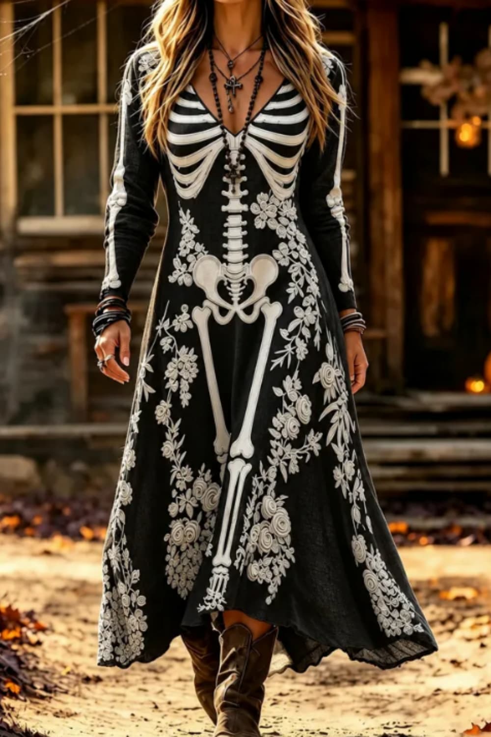 Adelaide | Halloween-inspiriertes schwarz-weißes Skelett-Blumen-Midikleid mit V-Ausschnitt und langen Ärmeln