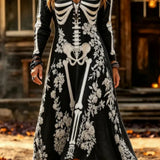 Adelaide | Halloween-inspiriertes schwarz-weißes Skelett-Blumen-Midikleid mit V-Ausschnitt und langen Ärmeln