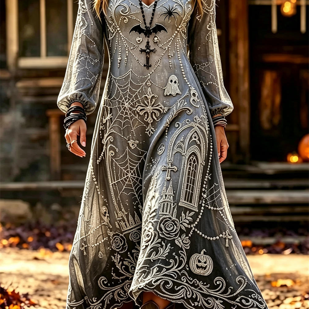 Rosalie | Halloween-inspiriertes graues, mehrfarbiges Spinnennetz-Midikleid mit V-Ausschnitt und langen Ärmeln